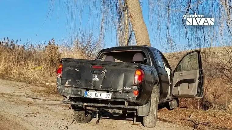 Yolda durmakta olan siyah bir pikap, yanındaki ağaçla birlikte görünmekte.