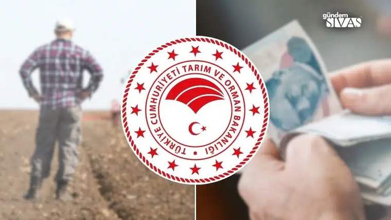 Tarlada duran bir çiftçi, Tarım ve Orman Bakanlığı amblemi ve belgeleri tutan ellerin kolajı.