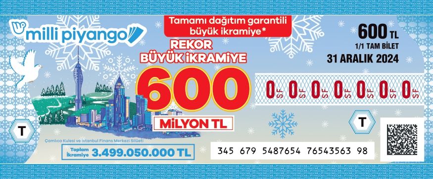 600 milyon TL büyük ikramiye tutarını gösteren Milli Piyango bileti, arka planda kış manzarasıyla.