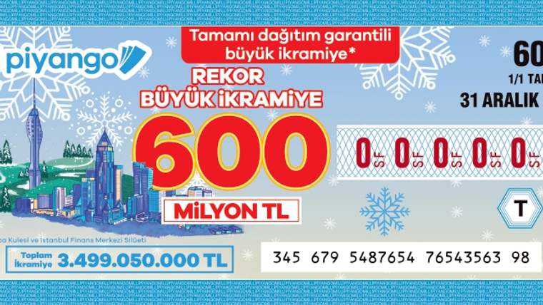 600 milyon TL büyük ikramiye tutarını gösteren Milli Piyango bileti, arka planda kış manzarasıyla.