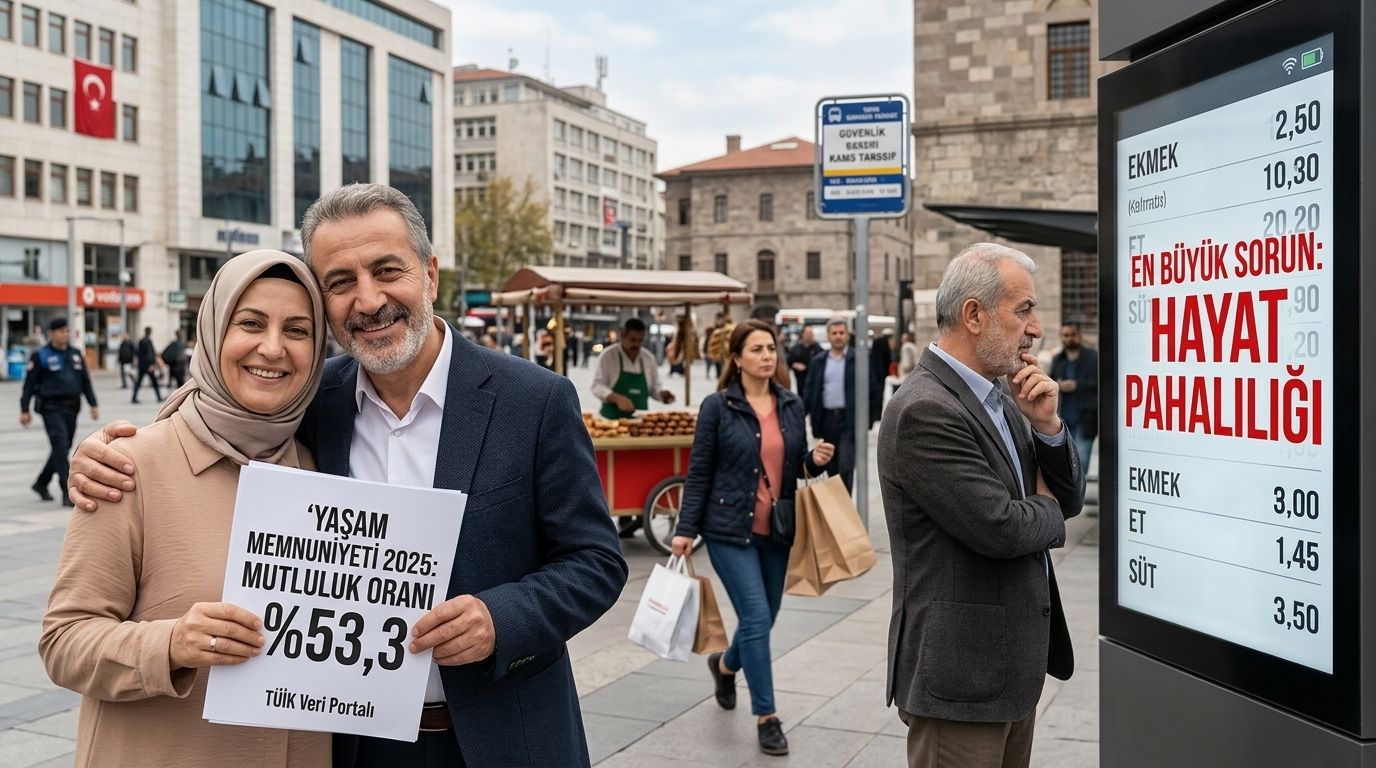Kalabalık meydanda bir çift, mutluluk oranı yazılı TÜİK Veri Portalı tabelası tutuyor; sağda fiyat panosu var.