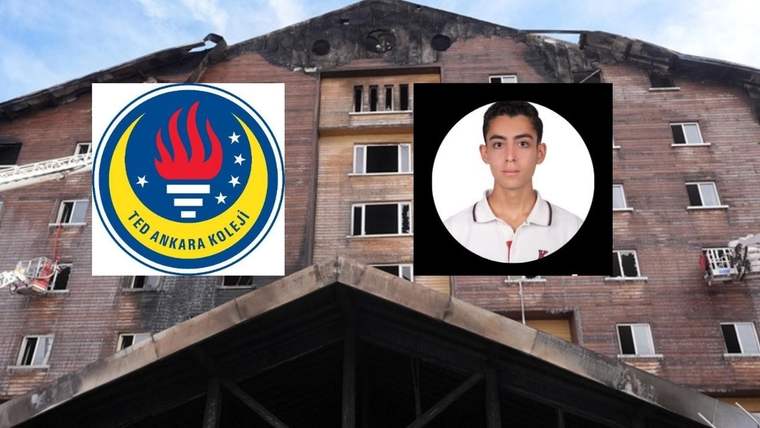 Eski bir okul binası önünde TED Ankara Koleji logosu ve beyaz tişörtlü genç erkeğin portresi yer alıyor.