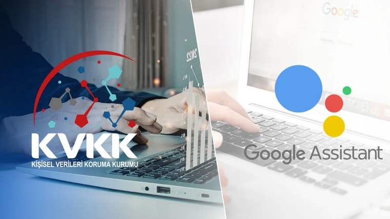 KVKK logosu ve Google Assistant simgesi, bir dizüstü bilgisayarın yanında yer alıyor.