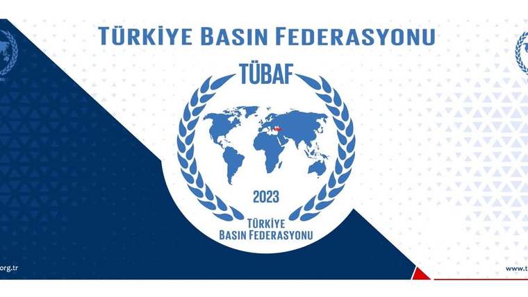 Üzerinde Türkiye Basın Federasyonu ve TÜBAF yazıları bulunan, dünya haritası ve zeytin dallı logo