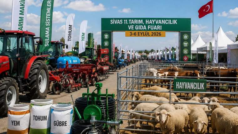 Fuar alanında kırmızı traktörler, tarım ekipmanları, koyunlar ve tarım ürünlerinin sergilendiği stantlar görülüyor.