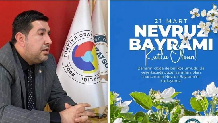 Bir yanda masada oturan bir kişi, diğer yanda çiçeklerle süslü Nevruz Bayramı kutlama duyurusu yer alıyor.