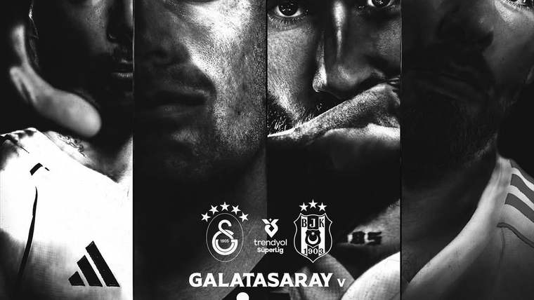 Siyah beyaz afişte dört futbolcu portresi, Galatasaray ve Beşiktaş armaları ile “GALATASARAY v BEŞİKTAŞ” yazısı yer alıyor.