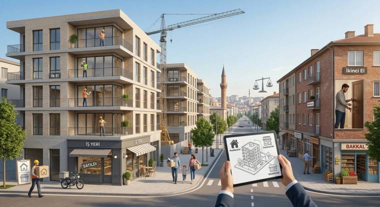 Apartman ve dükkânların sıralandığı caddede, eller bina çizimleri bulunan bir belge tutuyor.