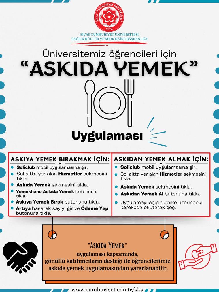 Üniversite logosu bulunan afişte “Askıda Yemek” başlığı, tabak çizimi ve uygulama bilgileri yer alıyor.