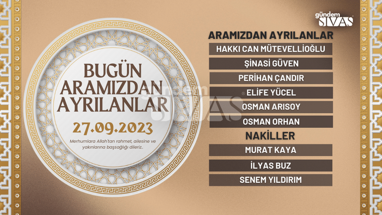 27 Eylül 2023 tarihli vefat edenler listesi, isimler ve başlıklar yer alıyor.
