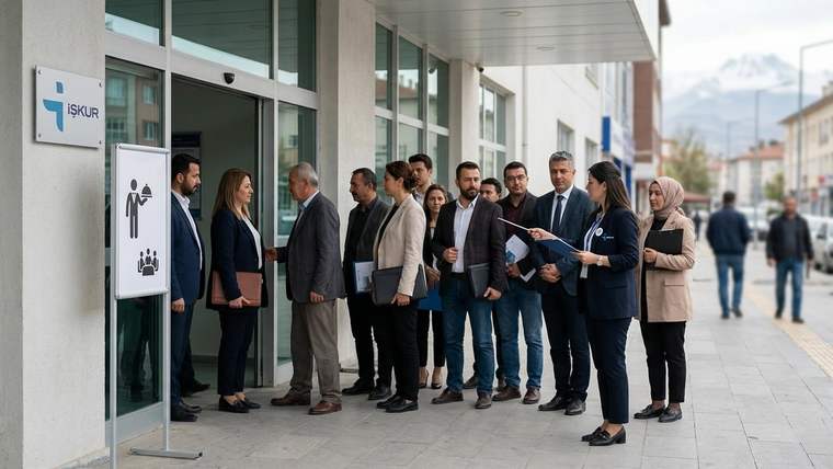 İŞKUR tabelasının önünde, bina girişinde sırada bekleyen kadın ve erkeklerden oluşan grup