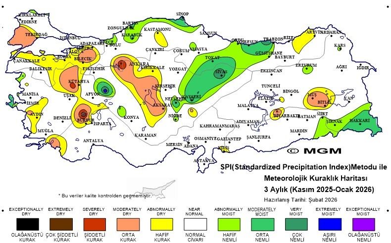 Türkiye'nin meteorolojik kuraklık haritasında farklı nem seviyeleri gösterilmektedir.