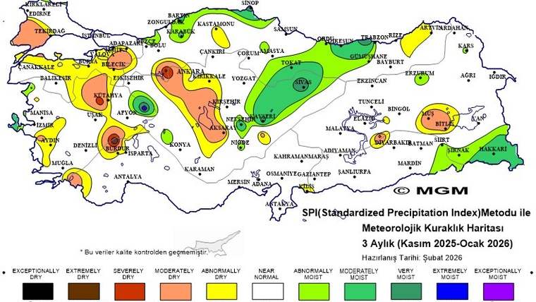 Türkiye'nin meteorolojik kuraklık haritasında farklı nem seviyeleri gösterilmektedir.
