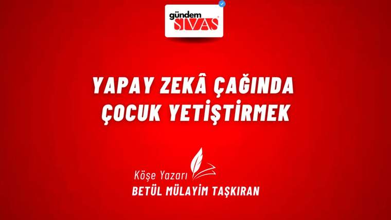 Kırmızı arka planda beyaz yazıyla "Yapay Zeka Çağında Çocuk Yetiştirmek" yazısı.