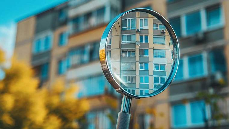 Büyüteçle yansıyan bir apartman binası, arka planda bulanık bir şekilde görünüyor.