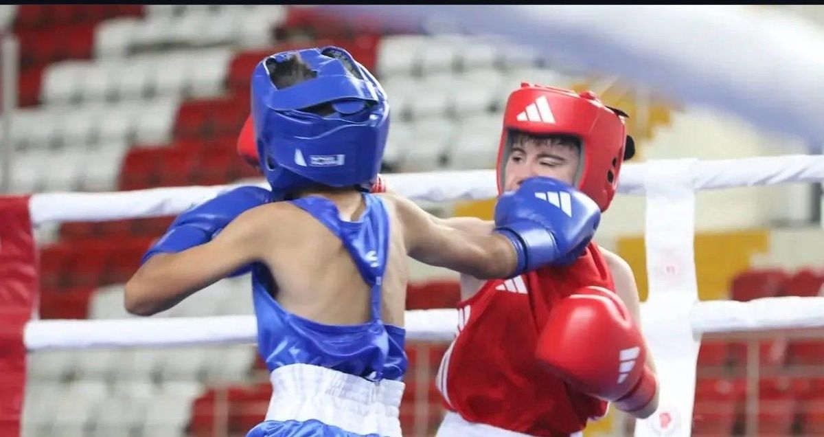 Boks ringinde mavi ve kırmızı koruyucu ekipman giyen iki sporcu karşılıklı yumruk atıyor.