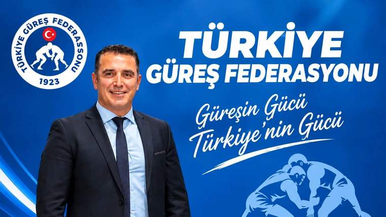 Mavi arka plan önünde takım elbiseli bir kişi, Türkiye Güreş Federasyonu logosu ve güreşçi illüstrasyonuyla yer alıyor.
