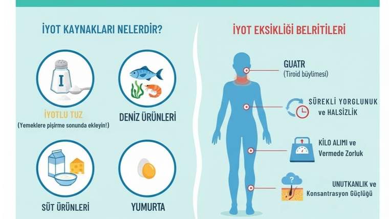 İyot kaynakları ve iyot eksikliği belirtilerinin yer aldığı bir infografik.