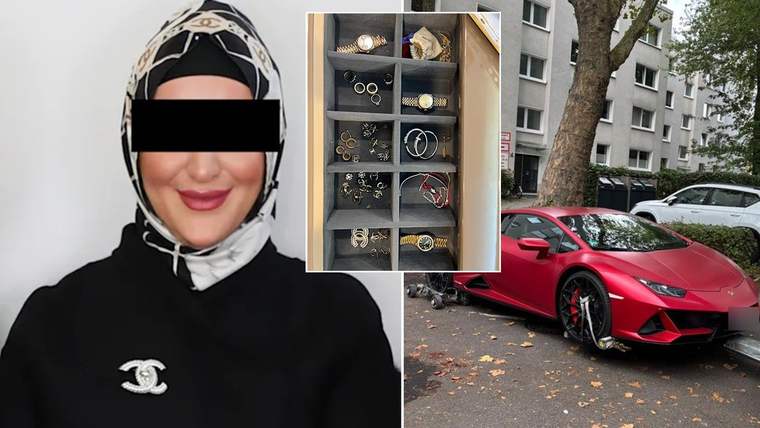 Gözleri siyah bantla kapatılmış başörtülü kadın, takı vitrini ve apartman önündeki kırmızı spor otomobille birlikte görülüyor.