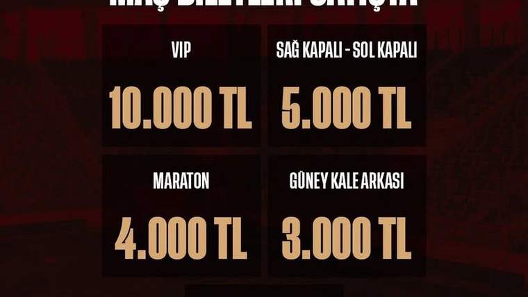 Maç biletleri fiyatları: VIP 10.000 TL, Sağ Kapalı 5.000 TL, Maraton 4.000 TL, Güney Kale Arkası 3.000 TL.