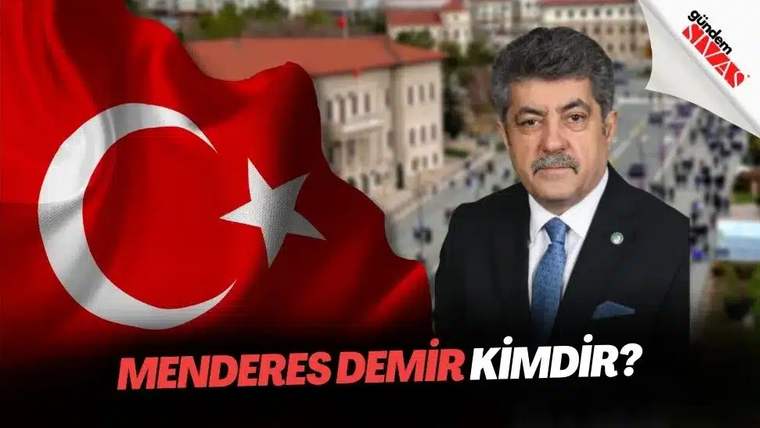 Türk bayrağının önünde bir adam, Menderes Demir yazısı ile birlikte görünüyor.