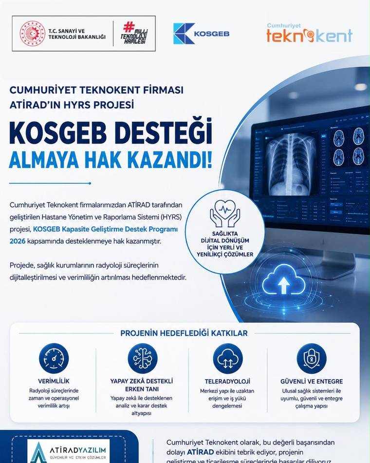 ATİRAD’ın HYRS projesini tanıtan grafikte akciğer görüntüleri bulunan tıbbi ekran ve proje bilgileri yer alıyor.
