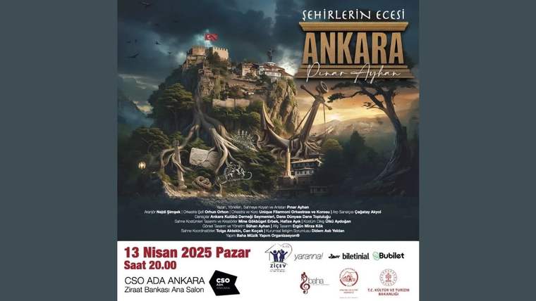 “Şehirlerin Ecesi Ankara” yazılı afişte kayalık tepe üzerindeki kale, ağaçlar ve 13 Nisan 2025 tarihli etkinlik bilgileri yer alıyor.