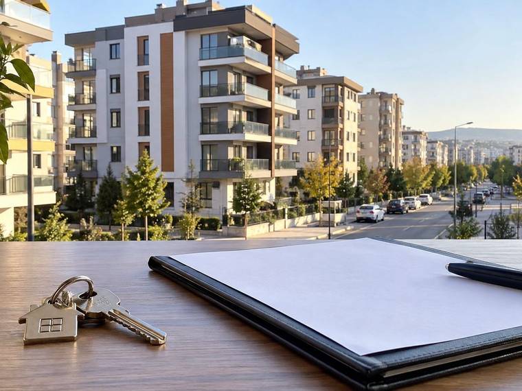 Apartmanların ve ağaçlı bir caddenin önünde, masada anahtarlar ile açık bir dosya görülüyor.