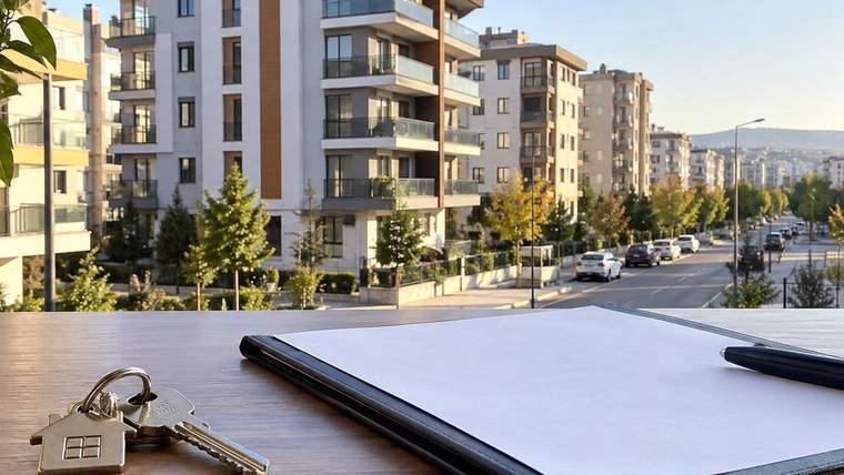 Apartmanların ve ağaçlı bir caddenin önünde, masada anahtarlar ile açık bir dosya görülüyor.