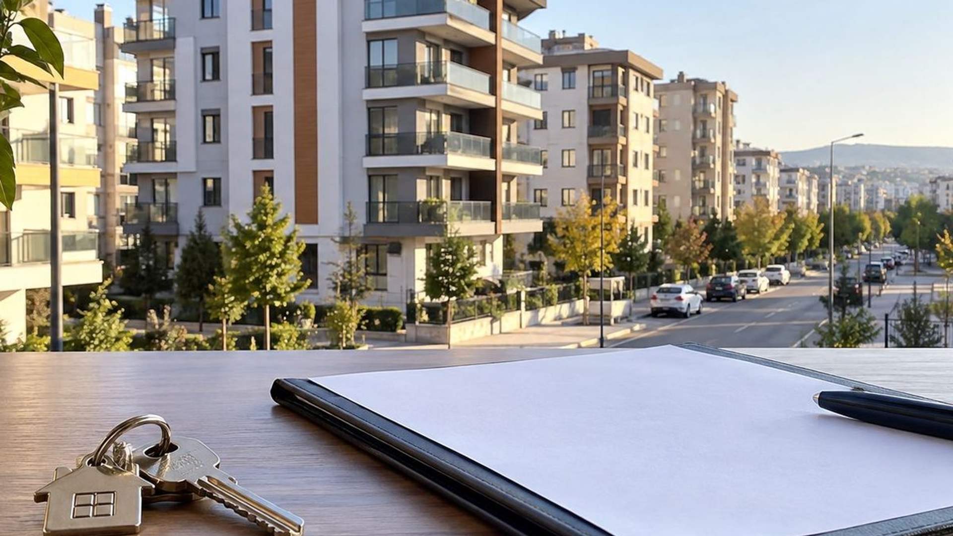 Apartmanların ve ağaçlı bir caddenin önünde, masada anahtarlar ile açık bir dosya görülüyor.