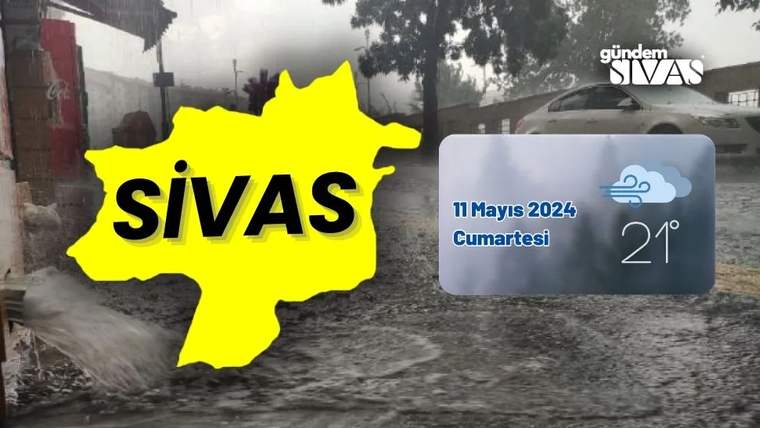 Yağmur altında suyla kaplanan sokak üzerinde SİVAS yazılı sarı harita ve 21 derece hava kartı yer alıyor.