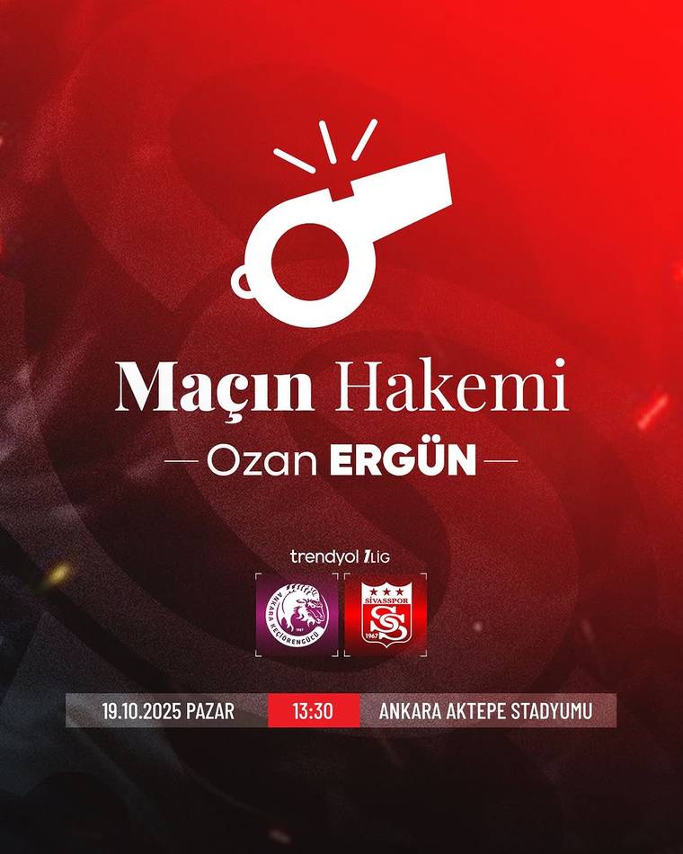 Kırmızı zeminli grafikte “Maçın Hakemi Ozan Ergün” yazısı ve Trendyol 1. Lig takım armaları yer alıyor.