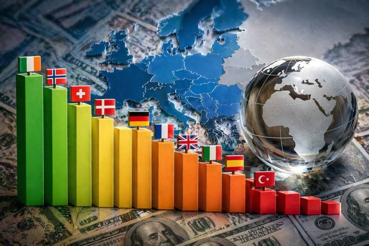Avrupa haritası ve dünya küresi önünde, farklı ülke bayrakları taşıyan renkli yükselen sütun grafik
