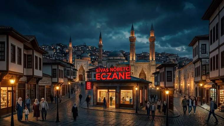 Sivas'ta bir eczane, üzerinde 'Nöbetçi Eczane' yazısı ile gece görüntüsü.