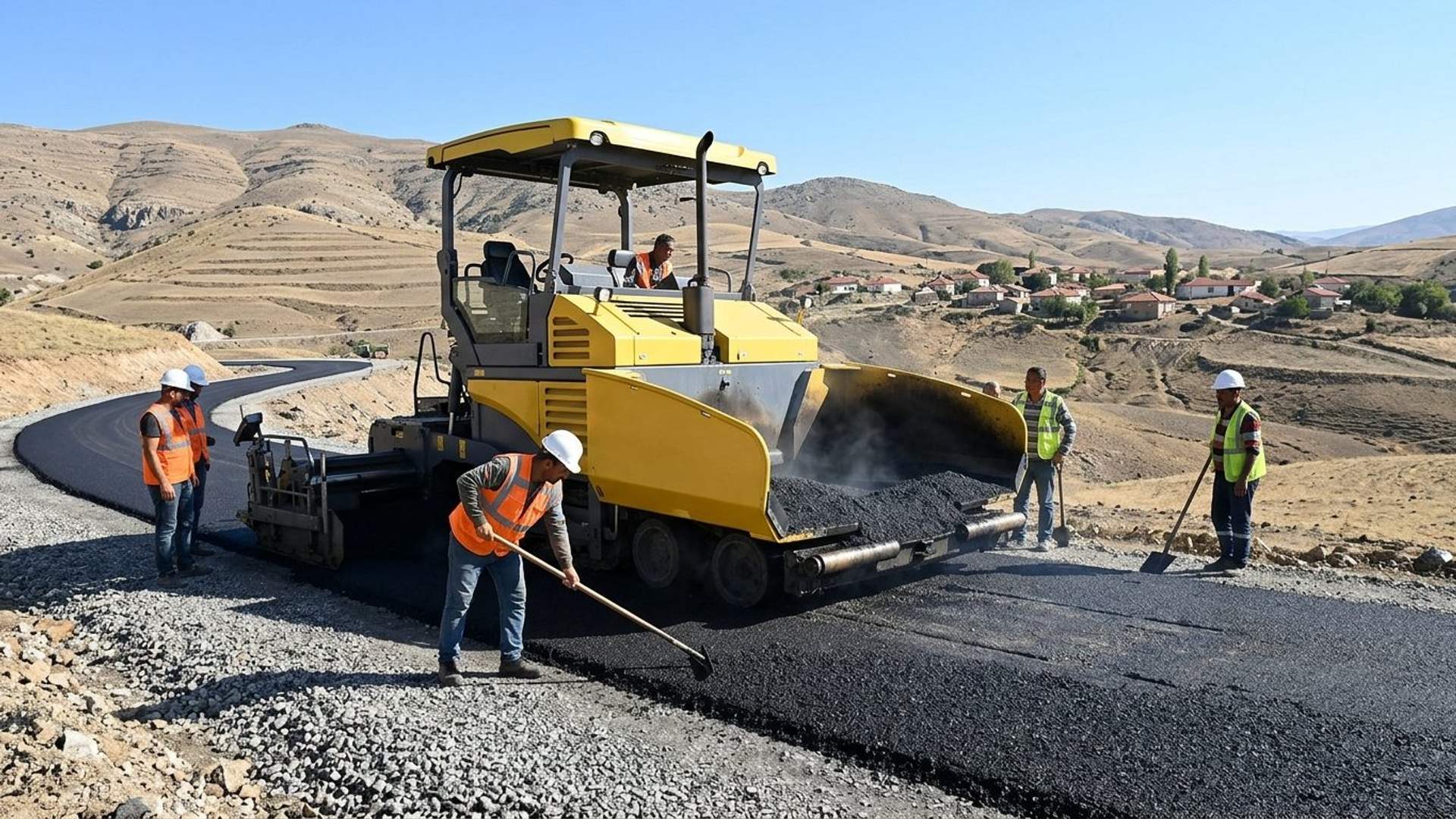 Dağlık arazide sarı asfalt finişerinin çevresinde çalışan işçiler, yeni serilen asfaltı düzenliyor.