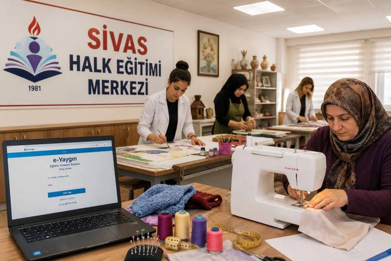 Sivas Halk Eğitim Merkezi tabelası önünde kadınlar masa başında çalışırken, önde bir kadın dikiş dikiyor.