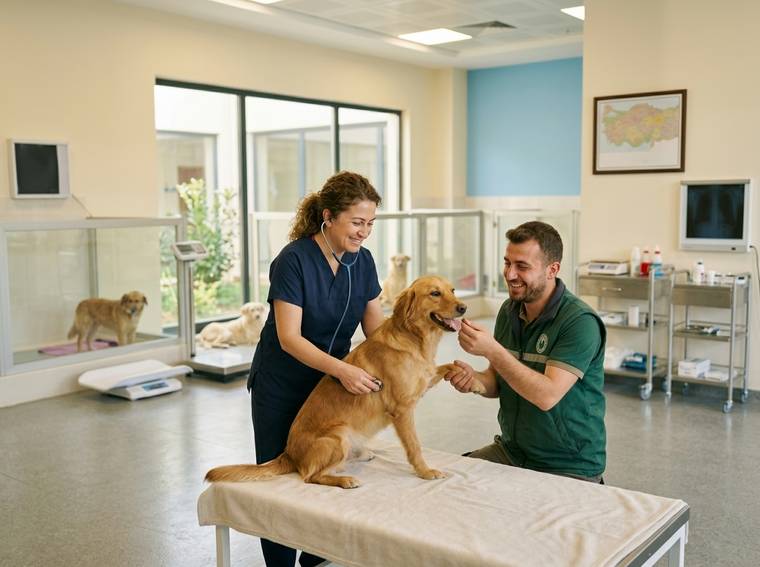 Veteriner kliniğinde iki sağlık çalışanı, masadaki altın renkli köpeği birlikte muayene ediyor.
