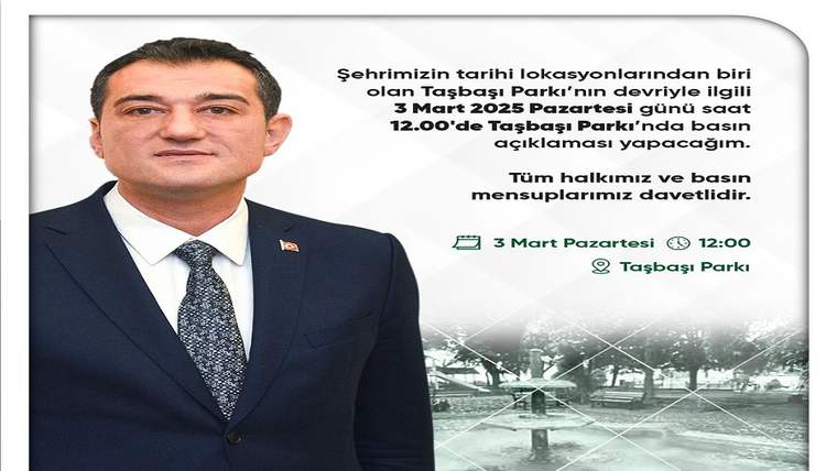 Takım elbiseli bir erkek ile Taşbaşı Parkı'ndaki etkinliği duyuran, tarih ve saat bilgileri içeren afiş.