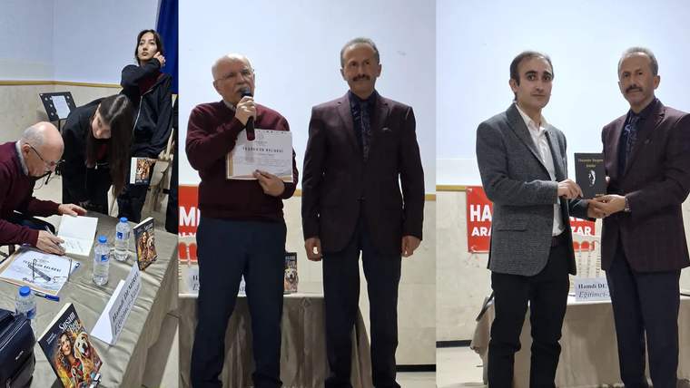 Bir etkinlikte yazarlar kitaplarını imzalıyor, bir kişi mikrofonla konuşuyor, diğerleri dinliyor.