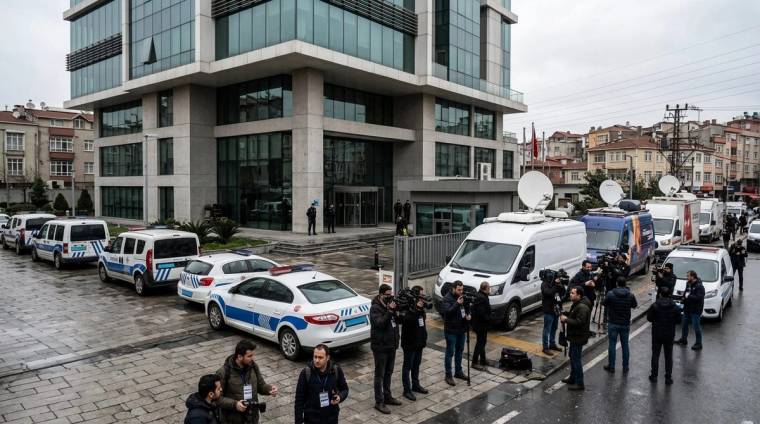 Cam cepheli bir bina önünde çok sayıda polis aracı, beyaz minibüs ve bir grup insan görülüyor.