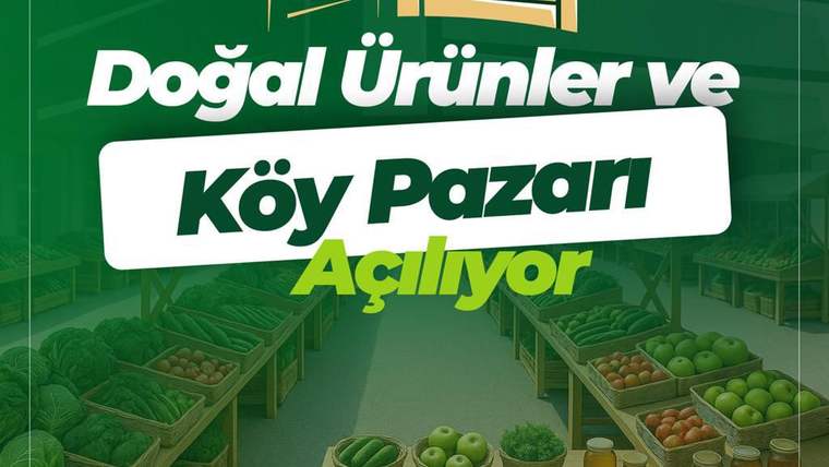Sebze ve meyve tezgahlarının bulunduğu bir pazar alanı, yeşil bir arka planda.