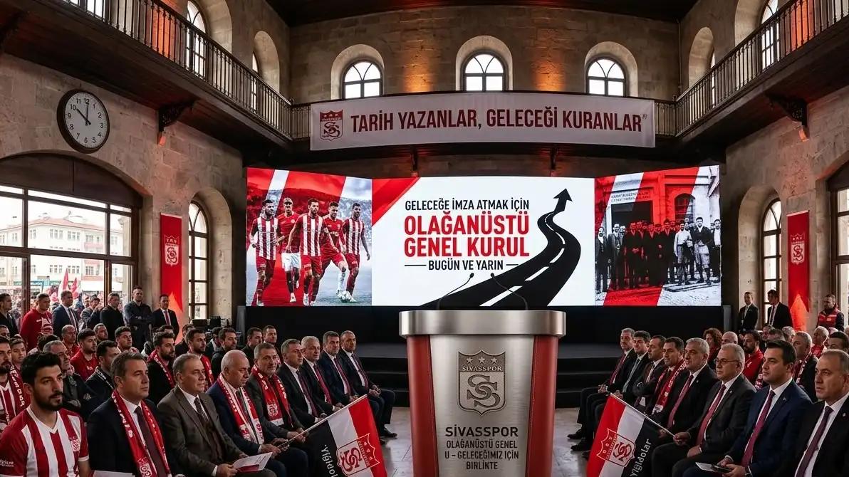 Sivasspor'un genel kurul toplantısı için hazırlanan sahne, arka planda büyük bir ekran var.