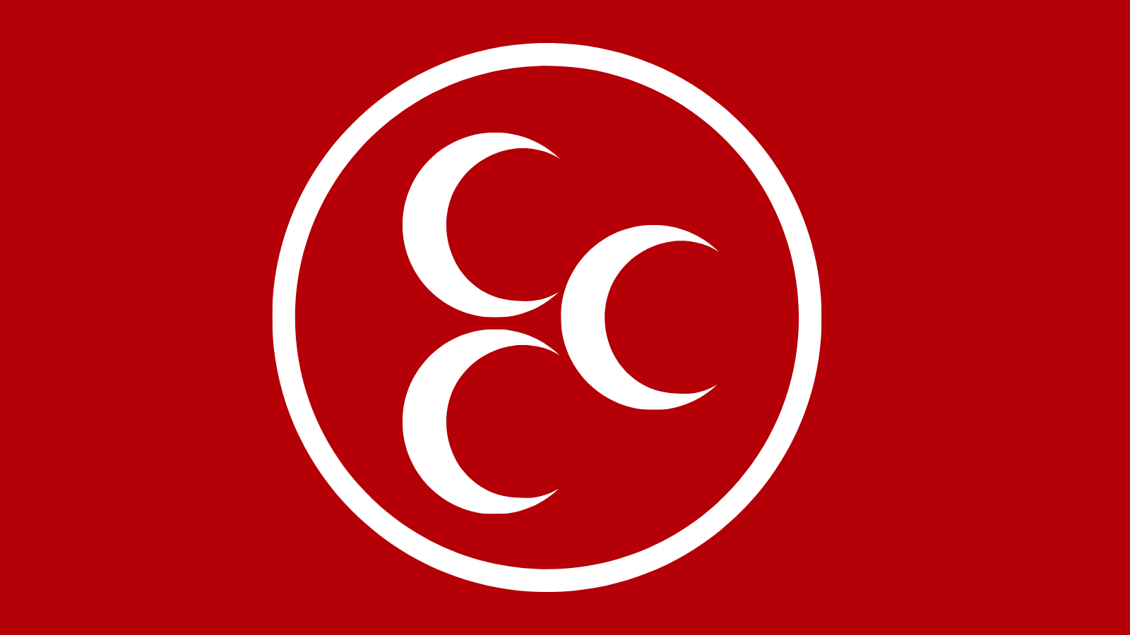 Kırmızı zemin üzerinde, beyaz çerçeveli daire içinde üç beyaz hilal bulunan amblem