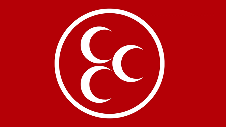 Kırmızı zemin üzerinde, beyaz çerçeveli daire içinde üç beyaz hilal bulunan amblem