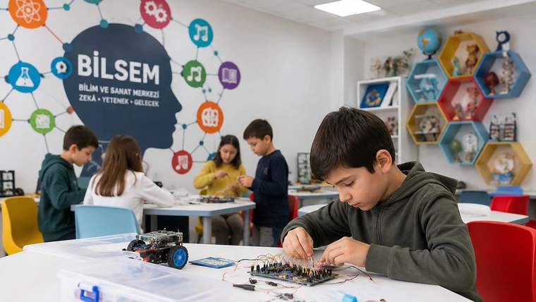 BİLSEM yazılı sınıfta çocuklar elektronik devrelerle çalışırken önde bir çocuk masadaki parçaları inceliyor.