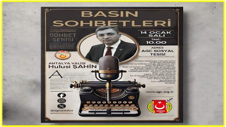 “Basın Sohbetleri” başlıklı afişte bir erkek portresi, mikrofon, daktilo ve “Antalya Valisi Hulusi Şahin” yazısı yer alıyor.