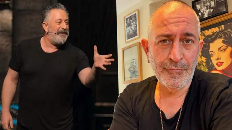 İki ayrı karede siyah tişörtlü iki erkek; soldaki elini uzatıyor, sağdaki kameraya bakıyor.