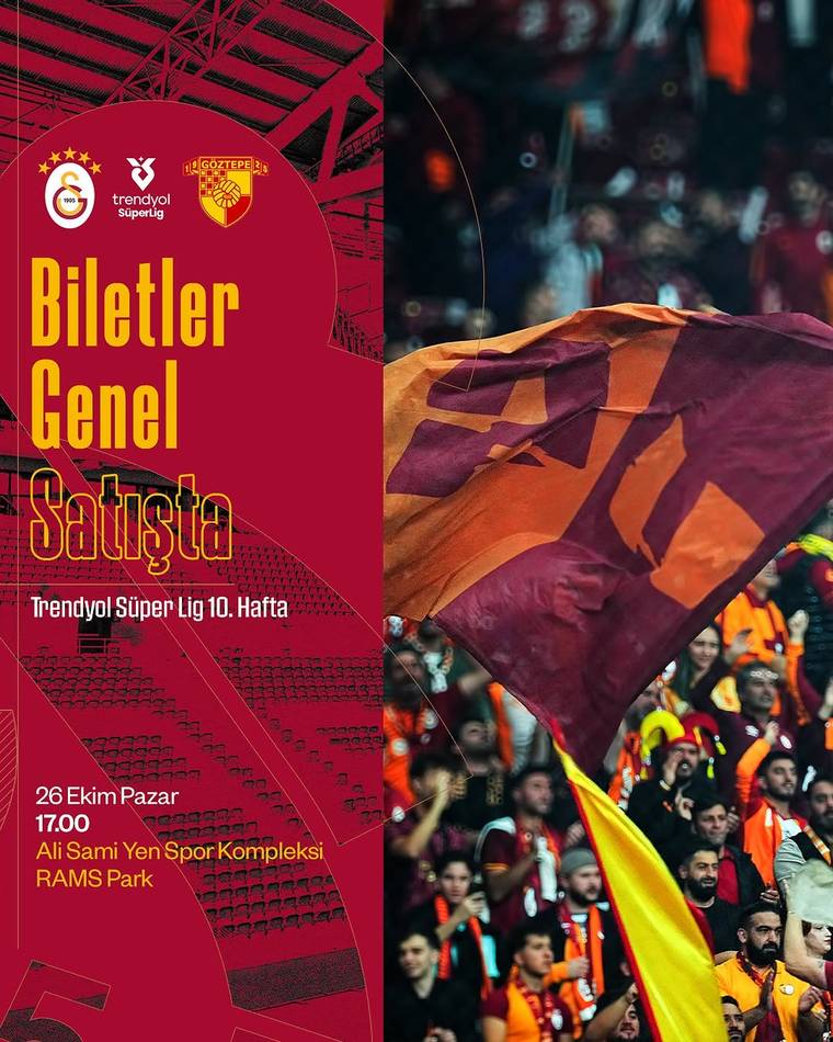 Tribünde taraftarların arasında Galatasaray renklerinde büyük bir bayrak açılırken yanında maç biletleri duyurusu yer alıyor.