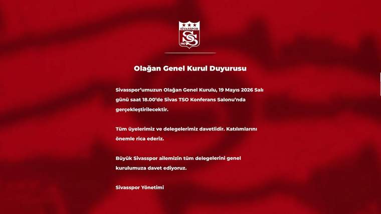 Kırmızı zemin üzerinde Sivasspor logosu ve 19 Mayıs 2026 tarihli Olağan Genel Kurul Duyurusu metni.