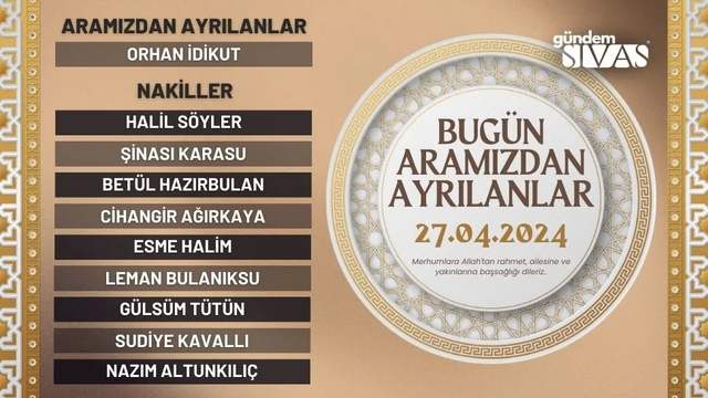 Sivas'ta Aramızdan Ayrılanlar - 27.04.2024